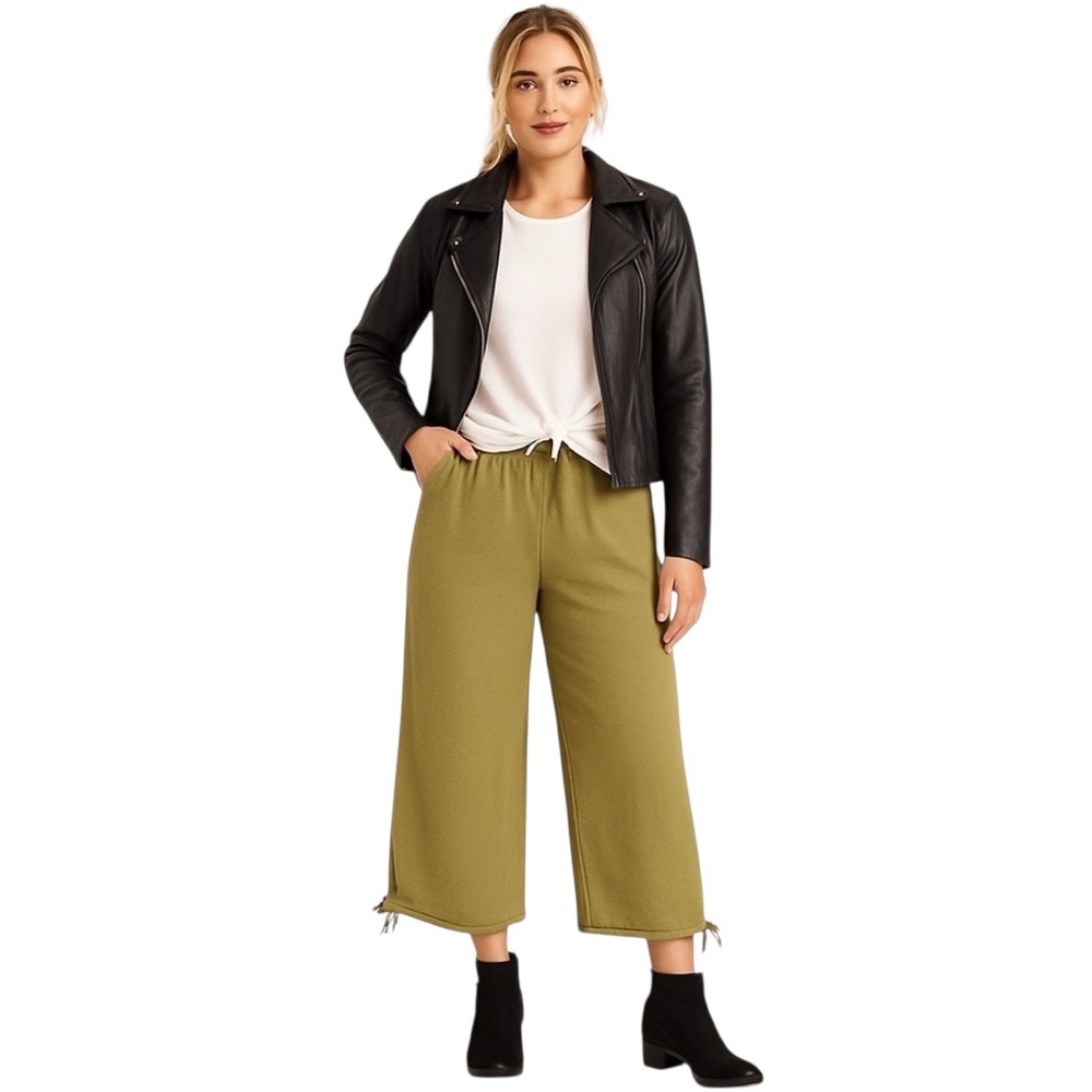 NWT Dictionary Olive Textured Wide Leg Cropped Pants Pull On Drawstring Hem XL